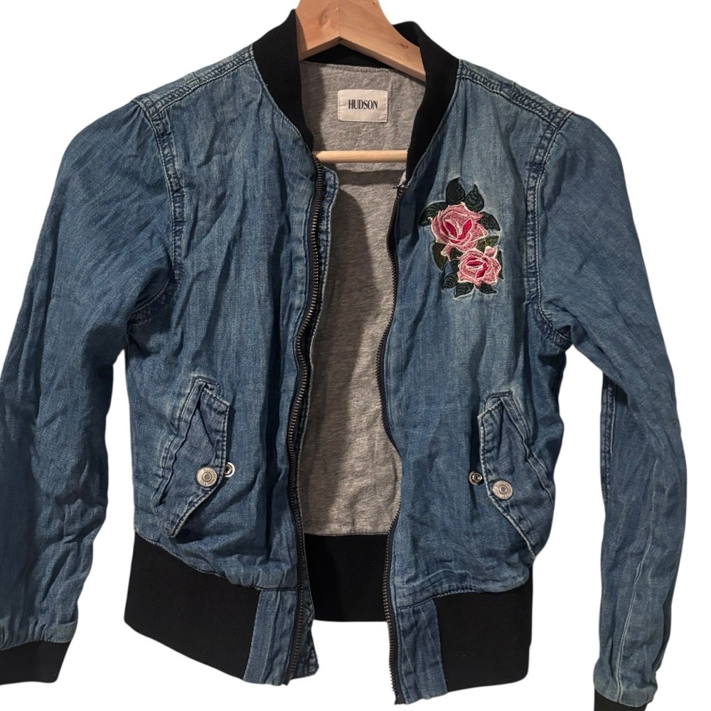 Hudson Jeans Blue Jean Jacket with Floral Embroidery